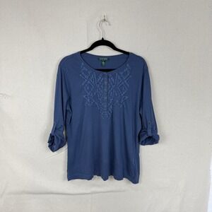 Lauren Ralph Lauren Blue Embroidered Henley Roll Tab Sleeve Cotton Top XL